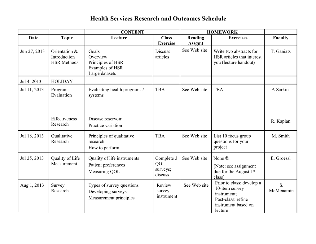 Health Services Research and Outcomes Schedule for UCSD and Children S Hospital