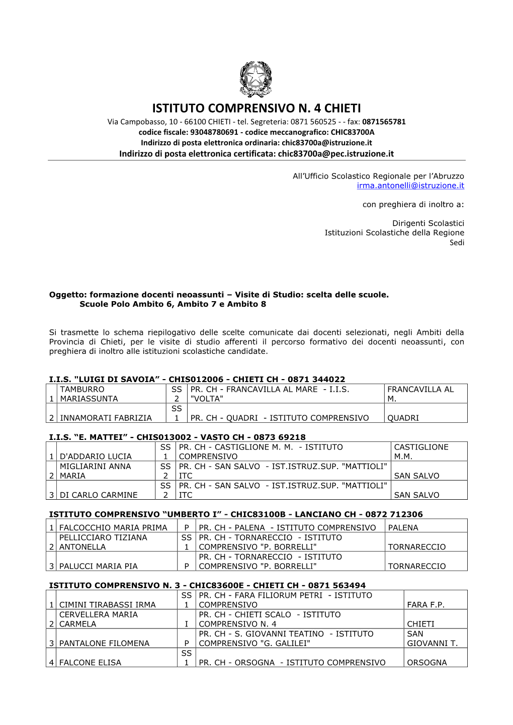 ISTITUTO COMPRENSIVO N. 4 CHIETI Via Campobasso, 10 - 66100 CHIETI - Tel