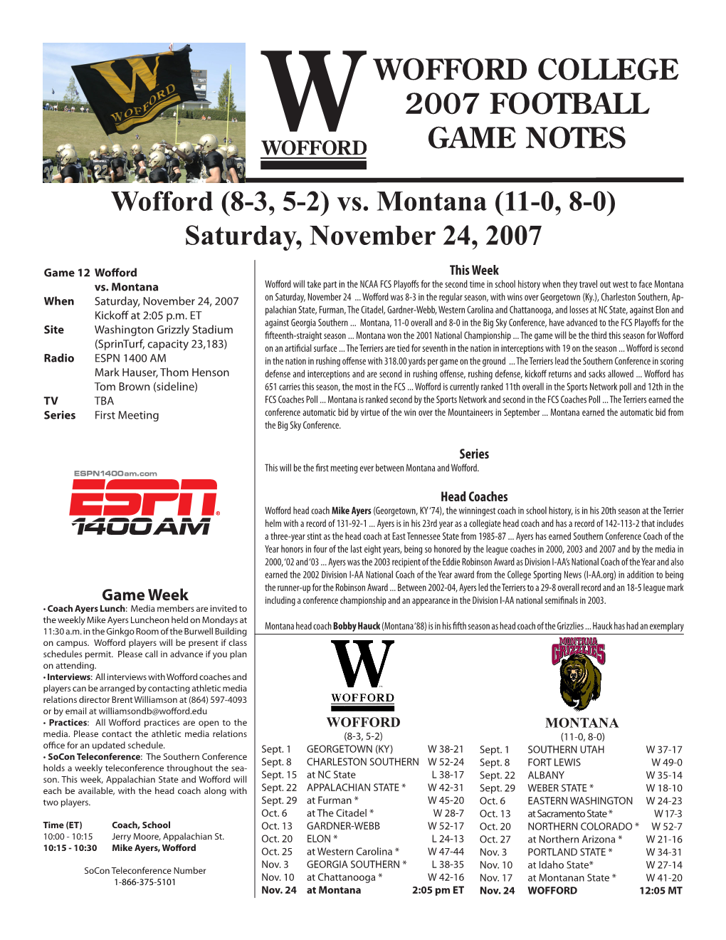 Wofford College 2007 Football Game Notes