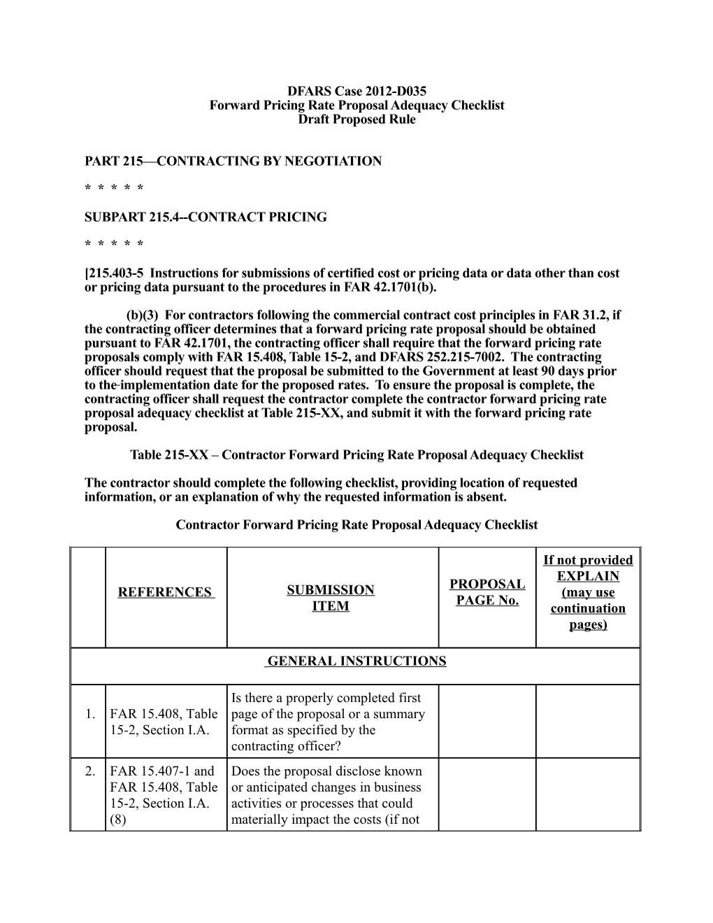 Forward Pricing Rate Proposal Adequacy Checklist