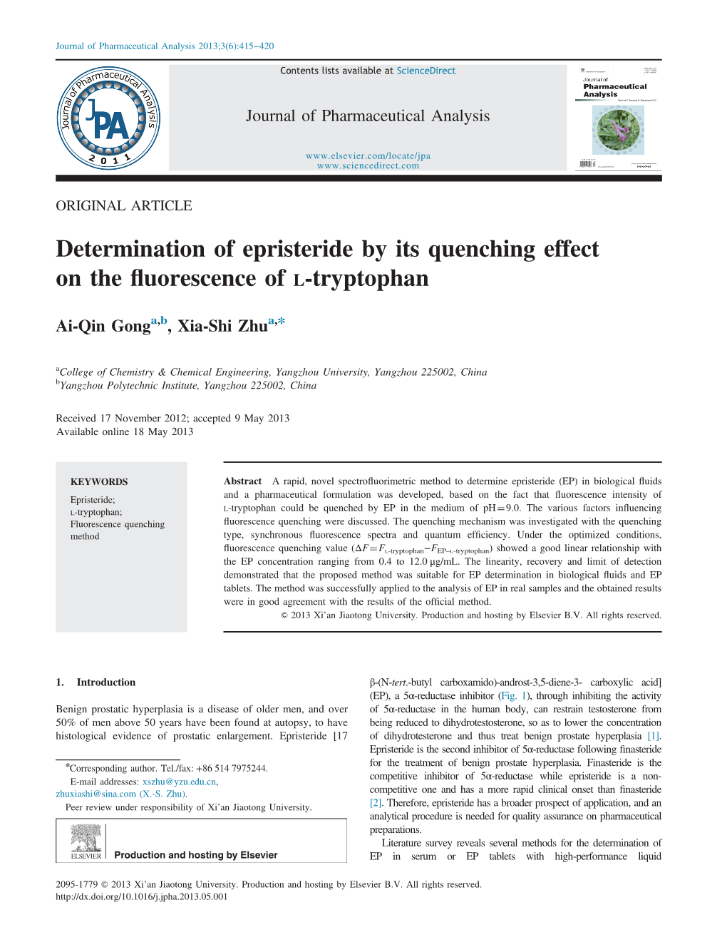 Determination of Epristeride by Its Quenching Effect on the ﬂuorescence of L-Tryptophan