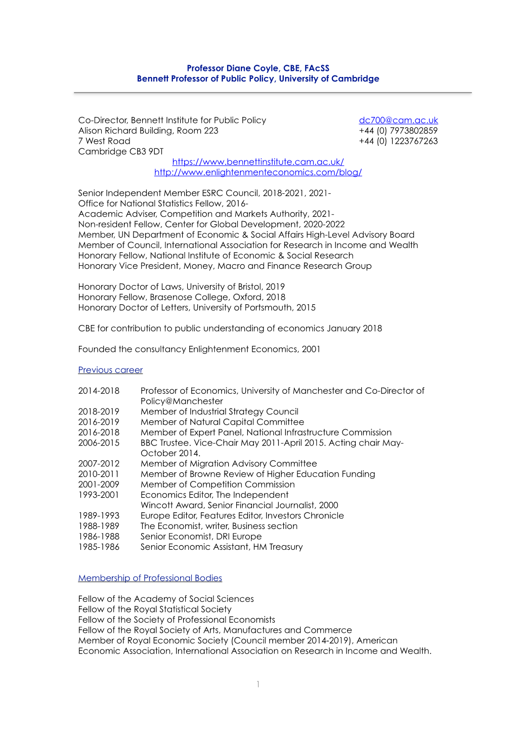 Diane Coyle Long CV