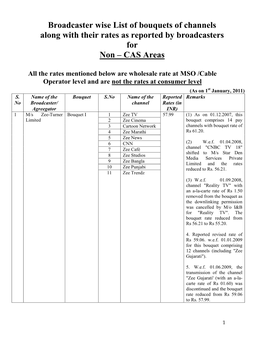 Broadcaster Wise List of Bouquets of Channels Along with Their Rates As Reported by Broadcasters for Non – CAS Areas