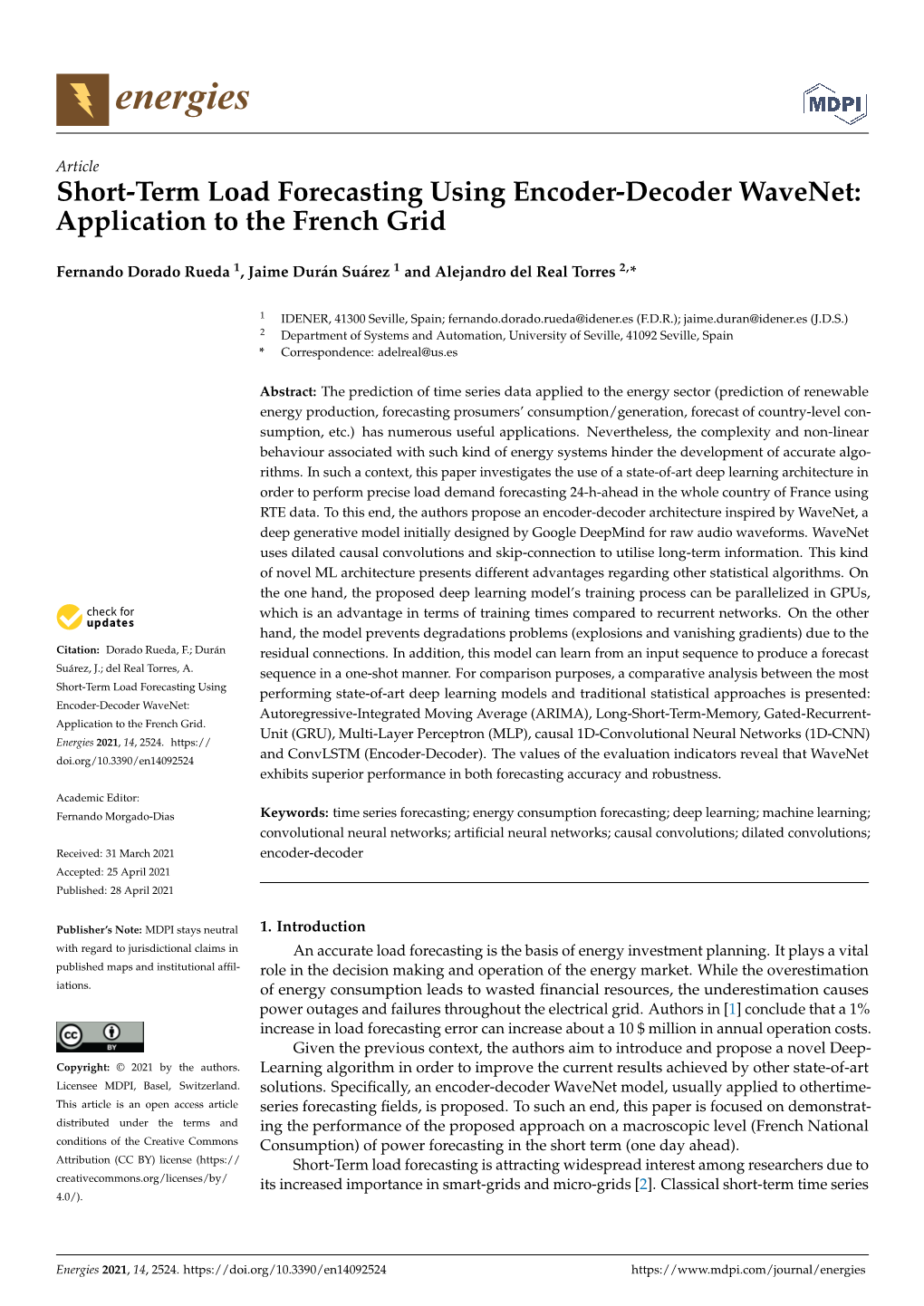 Short-Term Load Forecasting Using Encoder-Decoder Wavenet: Application to the French Grid