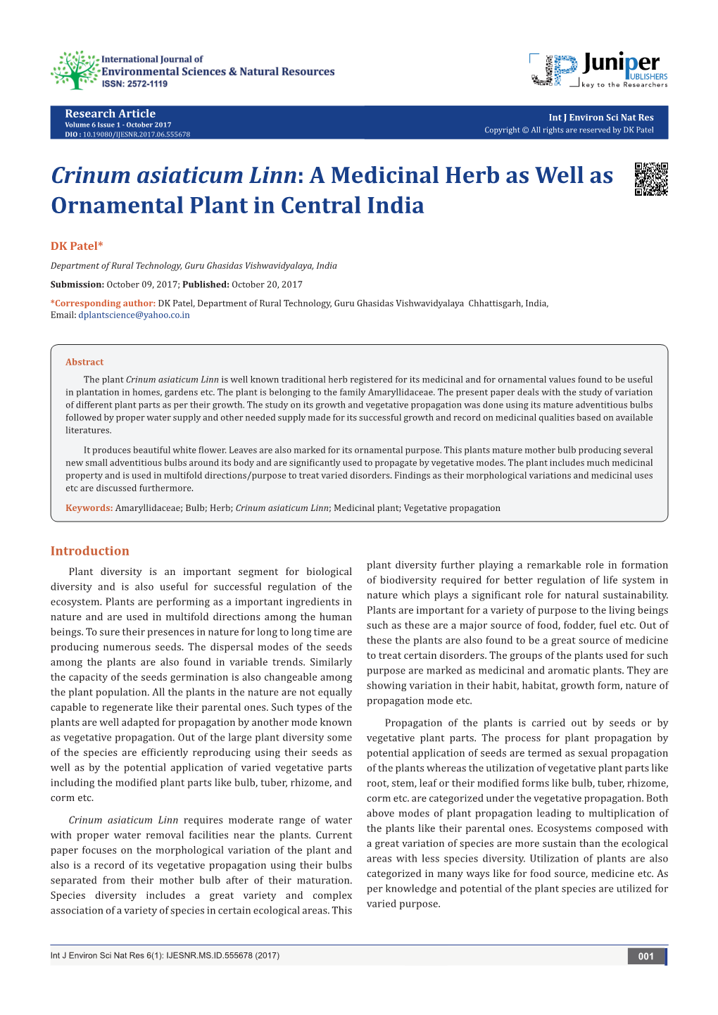 Crinum Asiaticum Linn: a Medicinal Herb As Well As Ornamental Plant in Central India