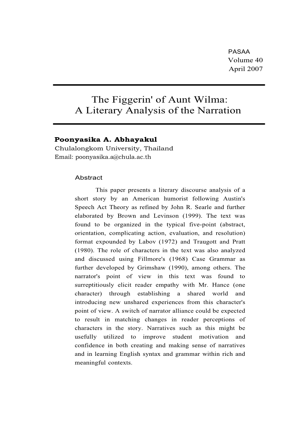 The Figgerin' of Aunt Wilma: a Literary Analysis of the Narration