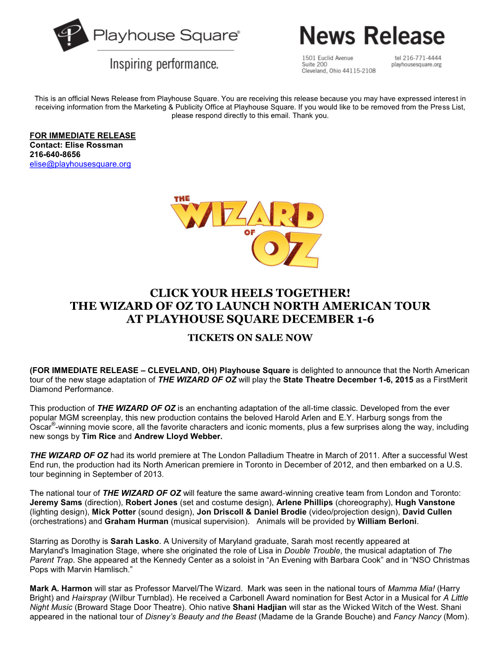 The Wizard of Oz to Launch North American Tour at Playhouse Square December 1-6 Tickets on Sale Now