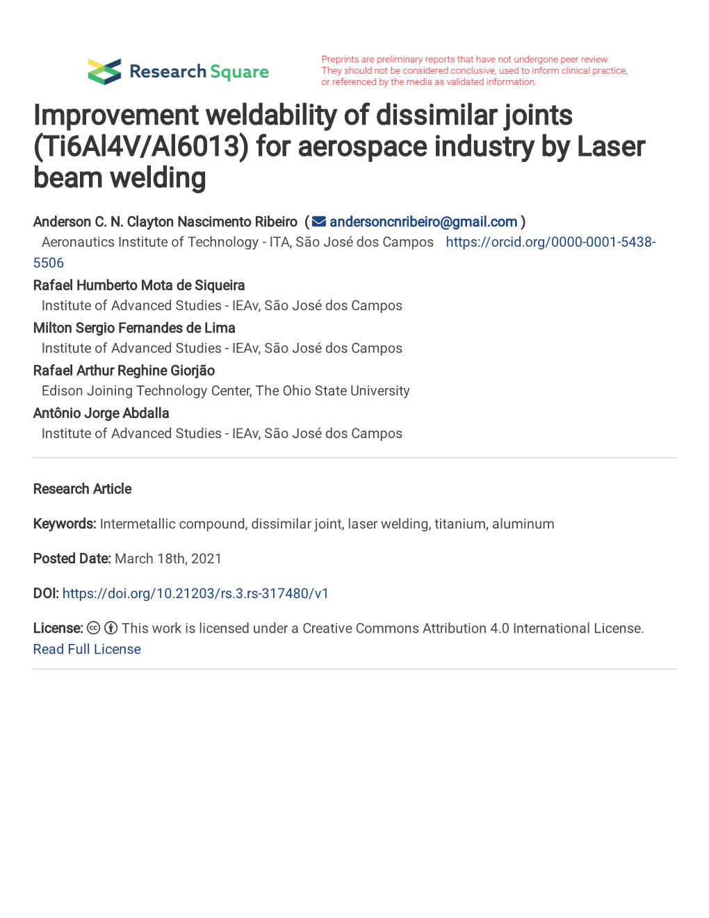 For Aerospace Industry by Laser Beam Welding Anderson Clayton Nasc