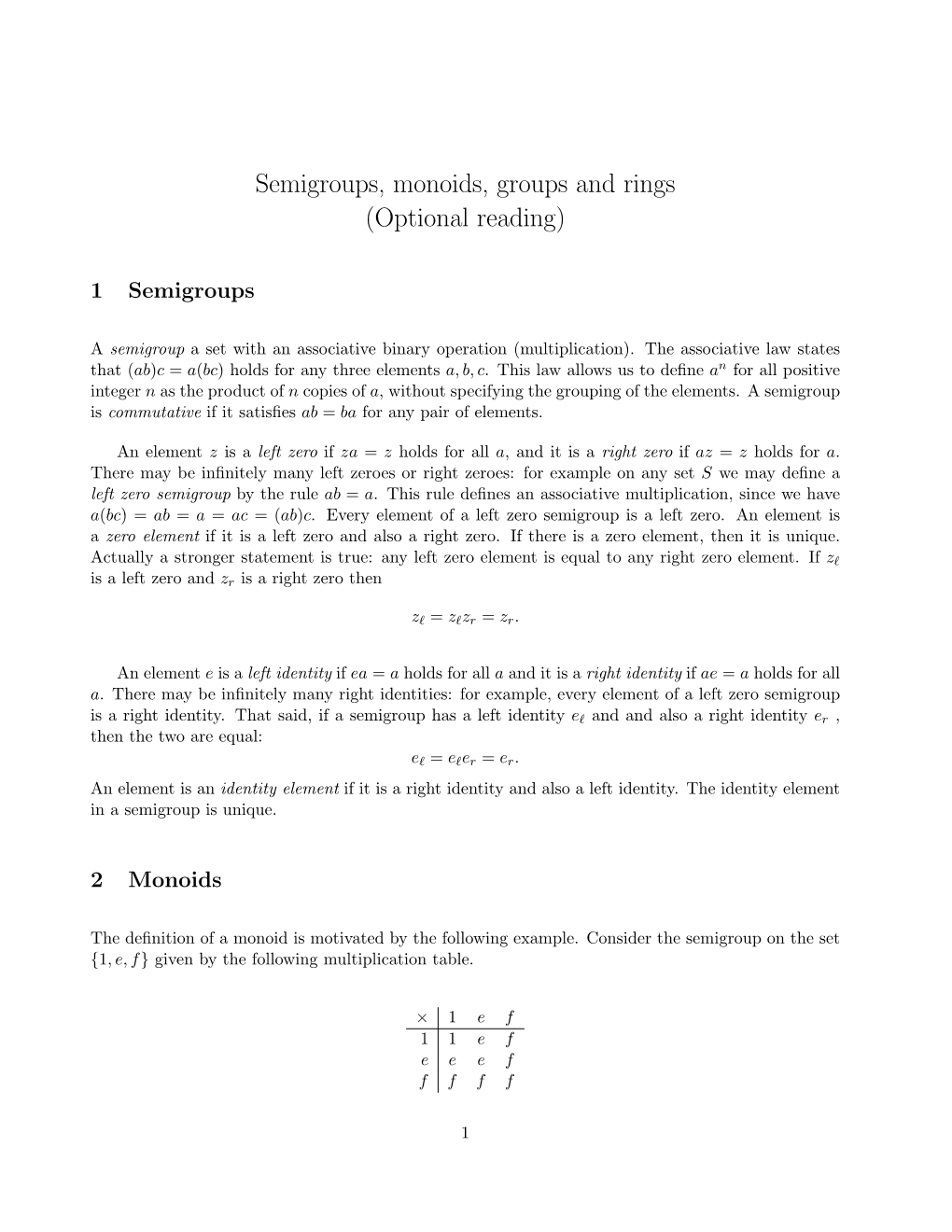 Semigroups, Monoids, Groups and Rings (Optional Reading)