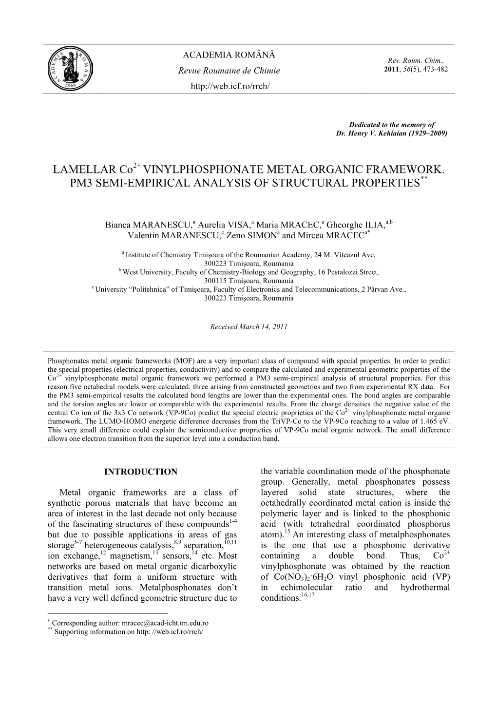 LAMELLAR Co2+ VINYLPHOSPHONATE METAL ORGANIC FRAMEWORK