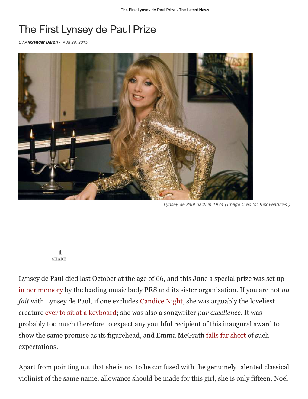 Lynsey De Paul Prize - the Latest News