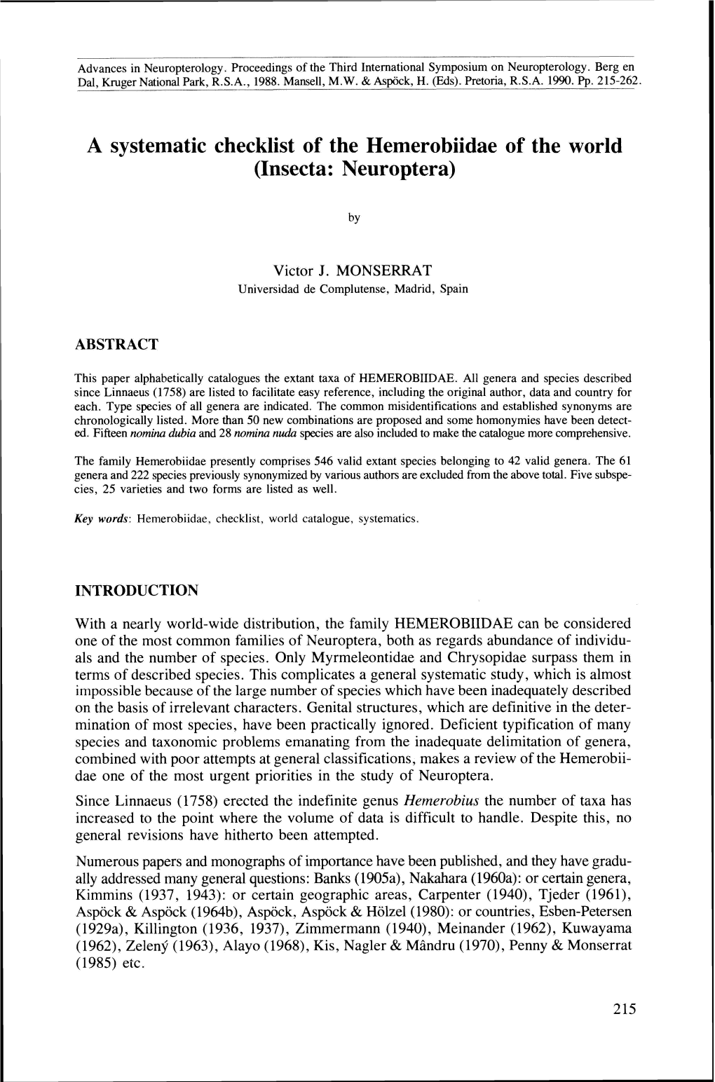 A Systematic Checklist of the Hemerobiidae of the World (Insecta: Neuroptera)