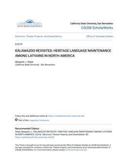 Kalamazoo Revisited: Heritage Language Maintenance Among Latvians in North America