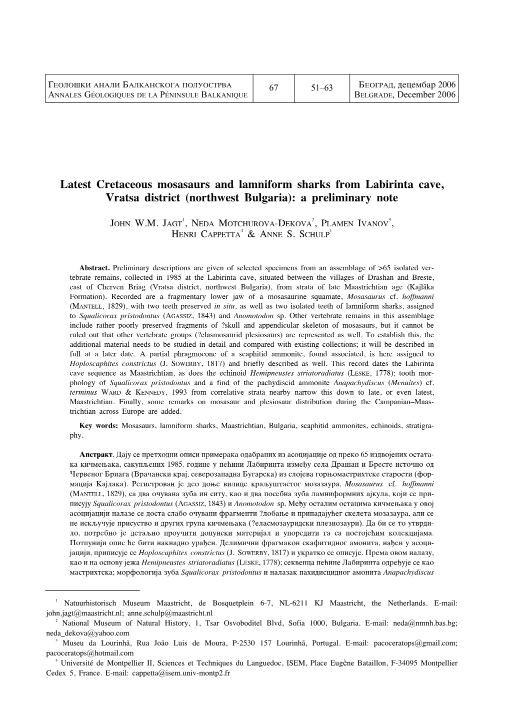 Latest Cretaceous Mosasaurs and Lamniform Sharks from Labirinta Cave, Vratsa District (Northwest Bulgaria): a Preliminary Note