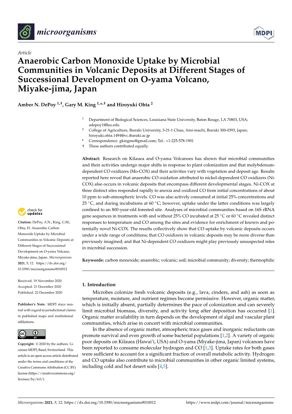 Anaerobic Carbon Monoxide Uptake by Microbial Communities in Volcanic Deposits at Different Stages of Successional Development on O-Yama Volcano, Miyake-Jima, Japan