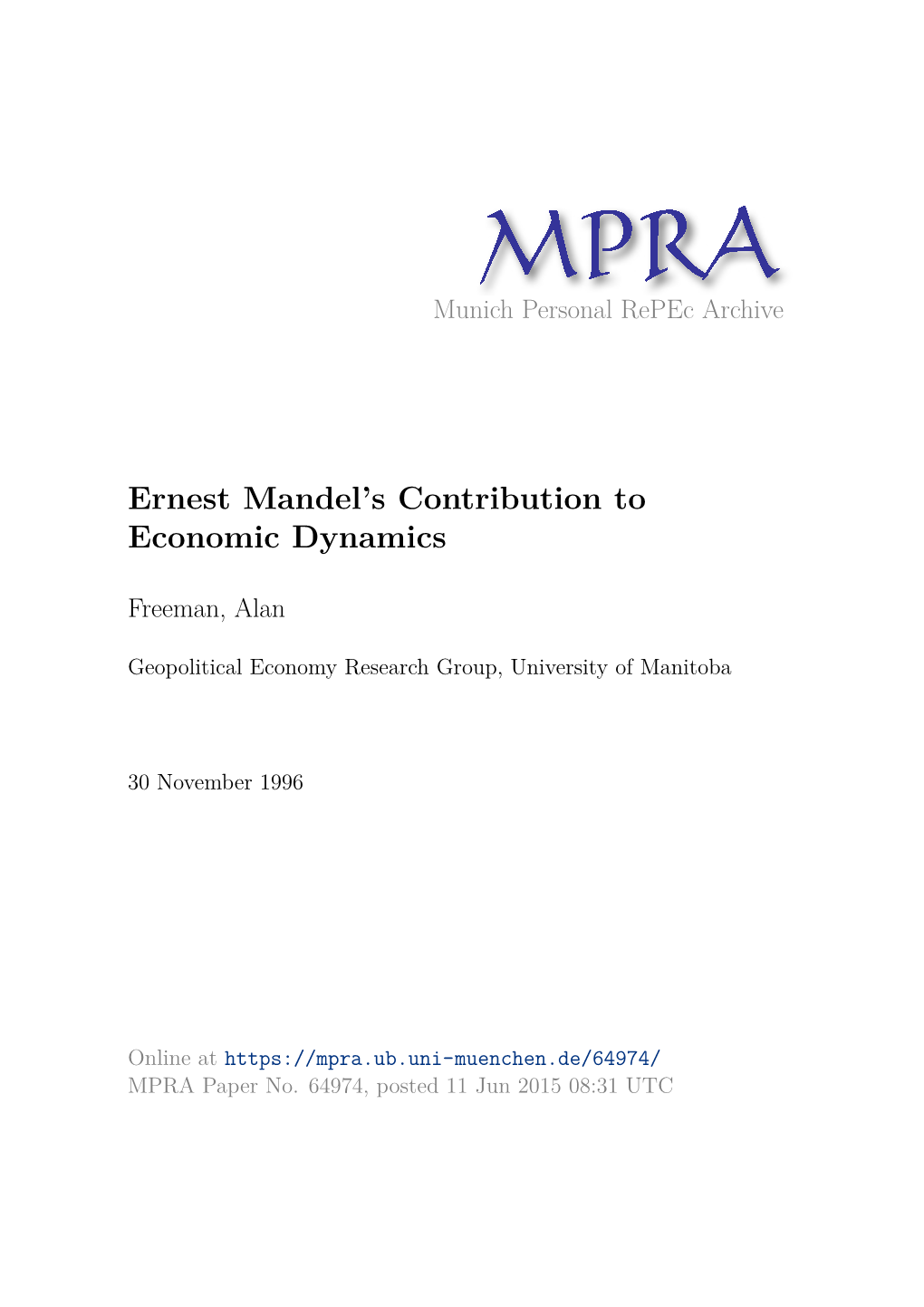Ernest Mandel's Contribution to Economic Dynamics