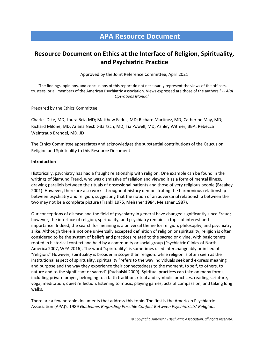 Resource Document on Ethics at the Interface of Religion, Spirituality, and Psychiatric Practice