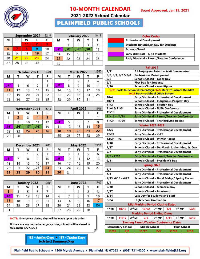 2021-2022 10 Month School Calendar