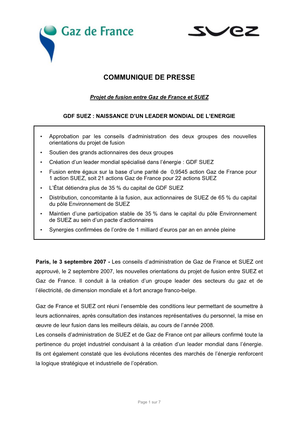 Approbation Des Orientations Du Projet De Fusion GDF SUEZ