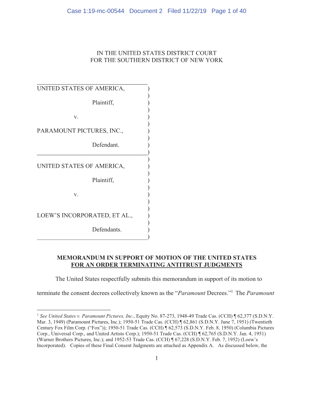 Download Memorandum in Support of Motion of the United States for an Order Terminating Antitrust Judgments