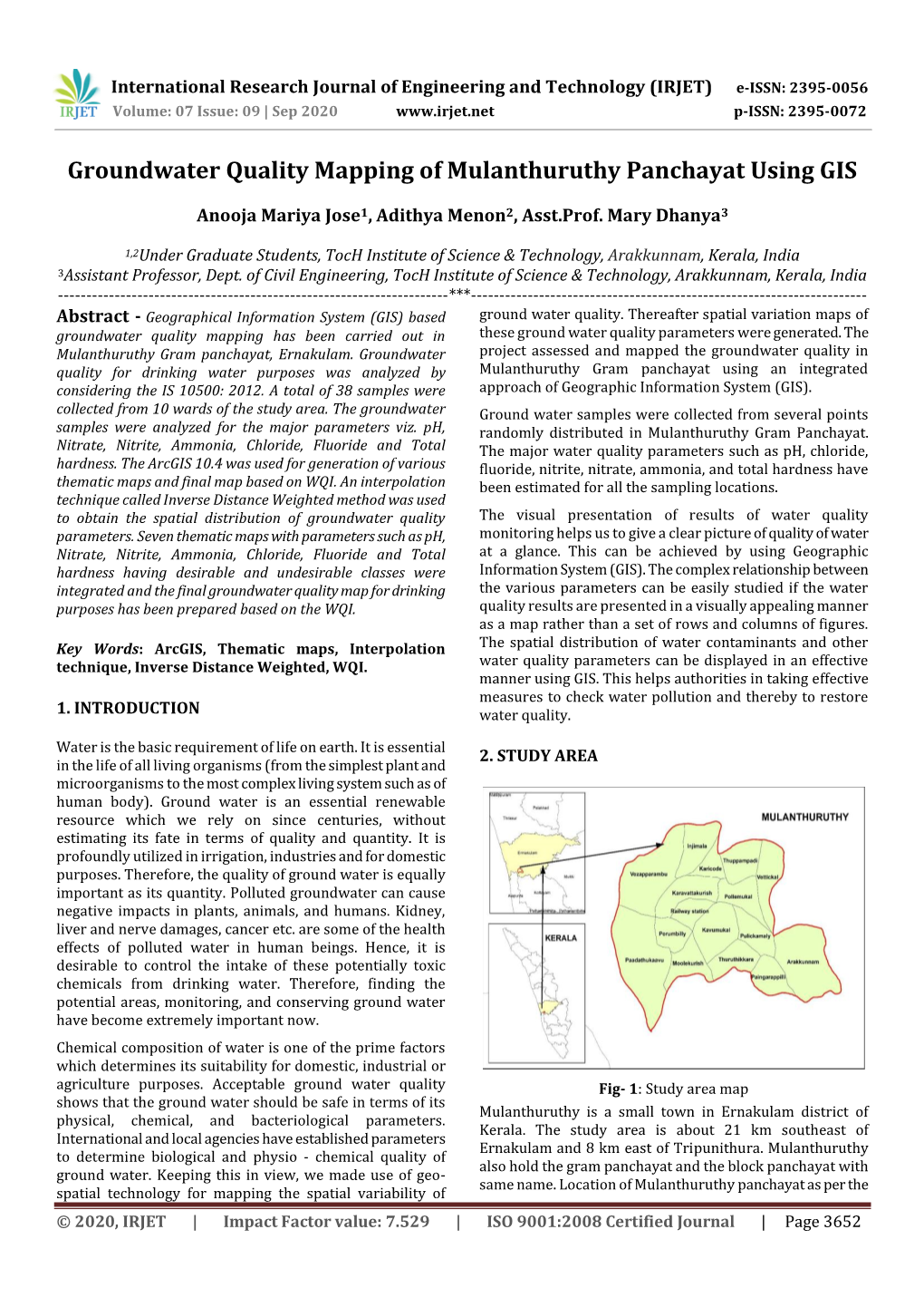 Groundwater Quality Mapping of Mulanthuruthy Panchayat Using GIS