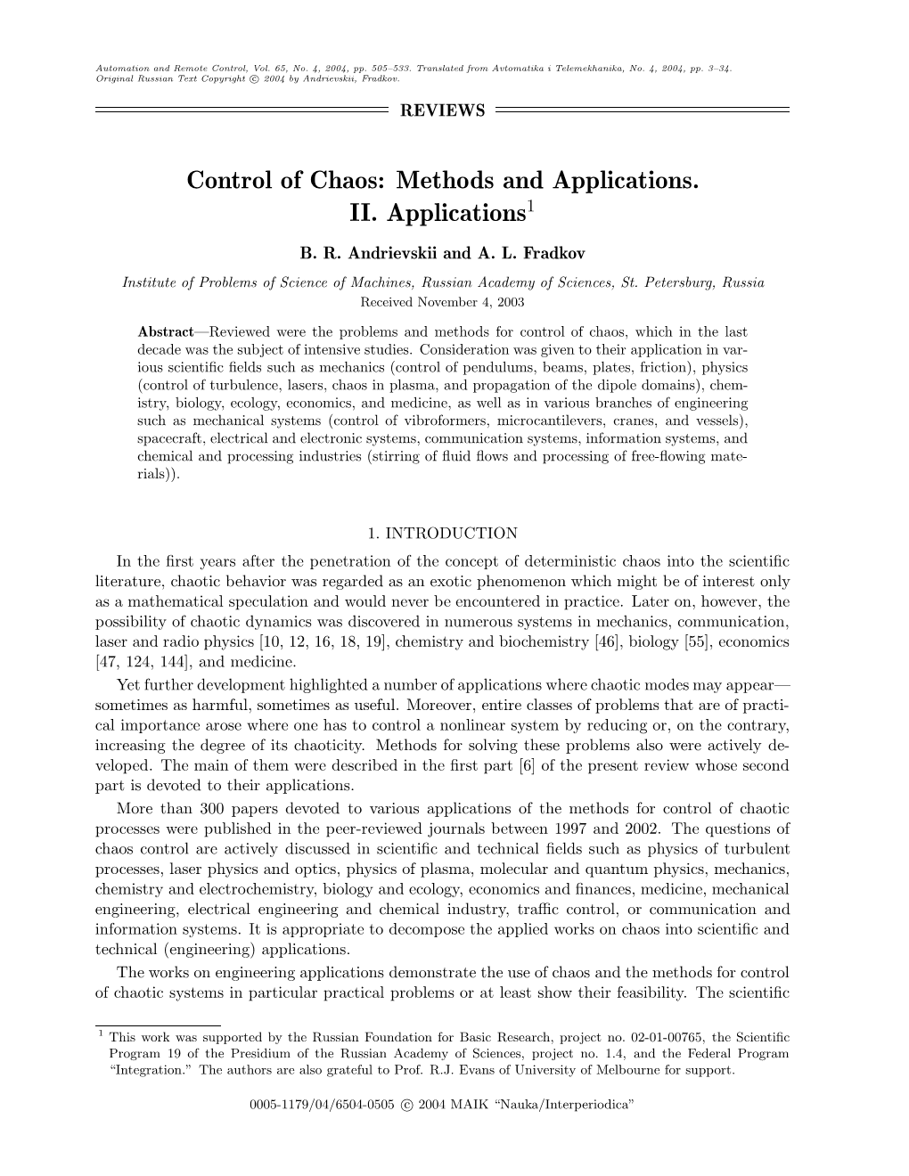 Control of Chaos: Methods and Applications. II. Applications1