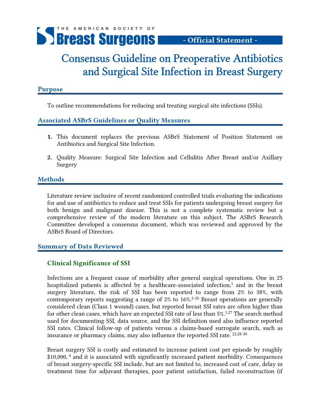 Consensus Guideline on Preoperative Antibiotics and Surgical Site Infection in Breast Surgery