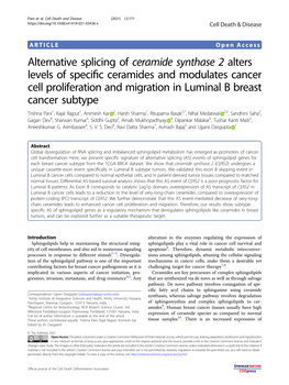 Alternative Splicing of Ceramide Synthase 2 Alters Levels of Specific