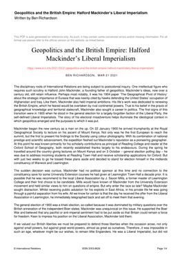 Geopolitics and the British Empire: Halford Mackinder's Liberal