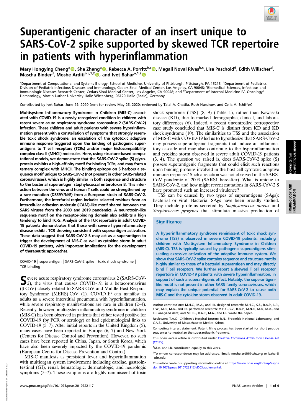 Superantigenic Character of an Insert Unique to SARS-Cov-2 Spike Supported by Skewed TCR Repertoire in Patients with Hyperinflammation