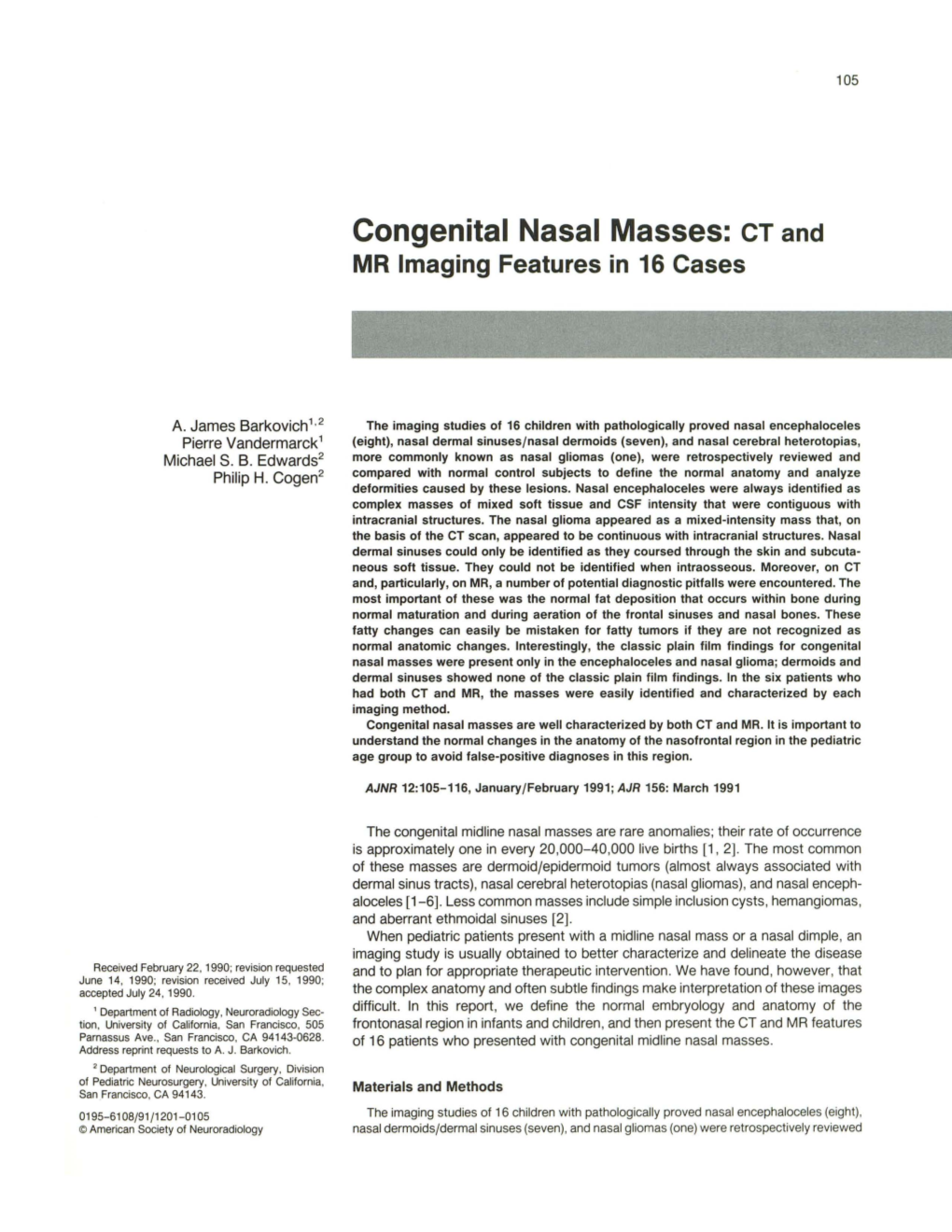 Congenital Nasal Masses: CT and MR Imaging Features in 16 Cases