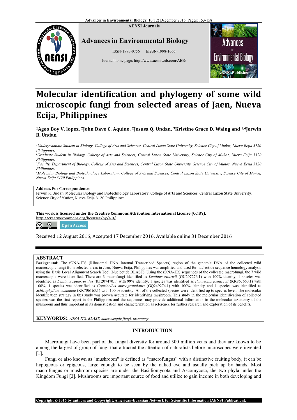 Molecular Identification and Phylogeny of Some Wild Microscopic Fungi from Selected Areas of Jaen, Nueva Ecija, Philippines