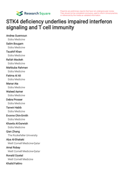 STK4 Deficiency Underlies Impaired Interferon Signaling and T Cell Immunity