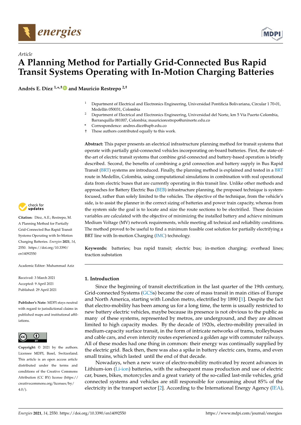 A Planning Method for Partially Grid-Connected Bus Rapid Transit Systems Operating with In-Motion Charging Batteries