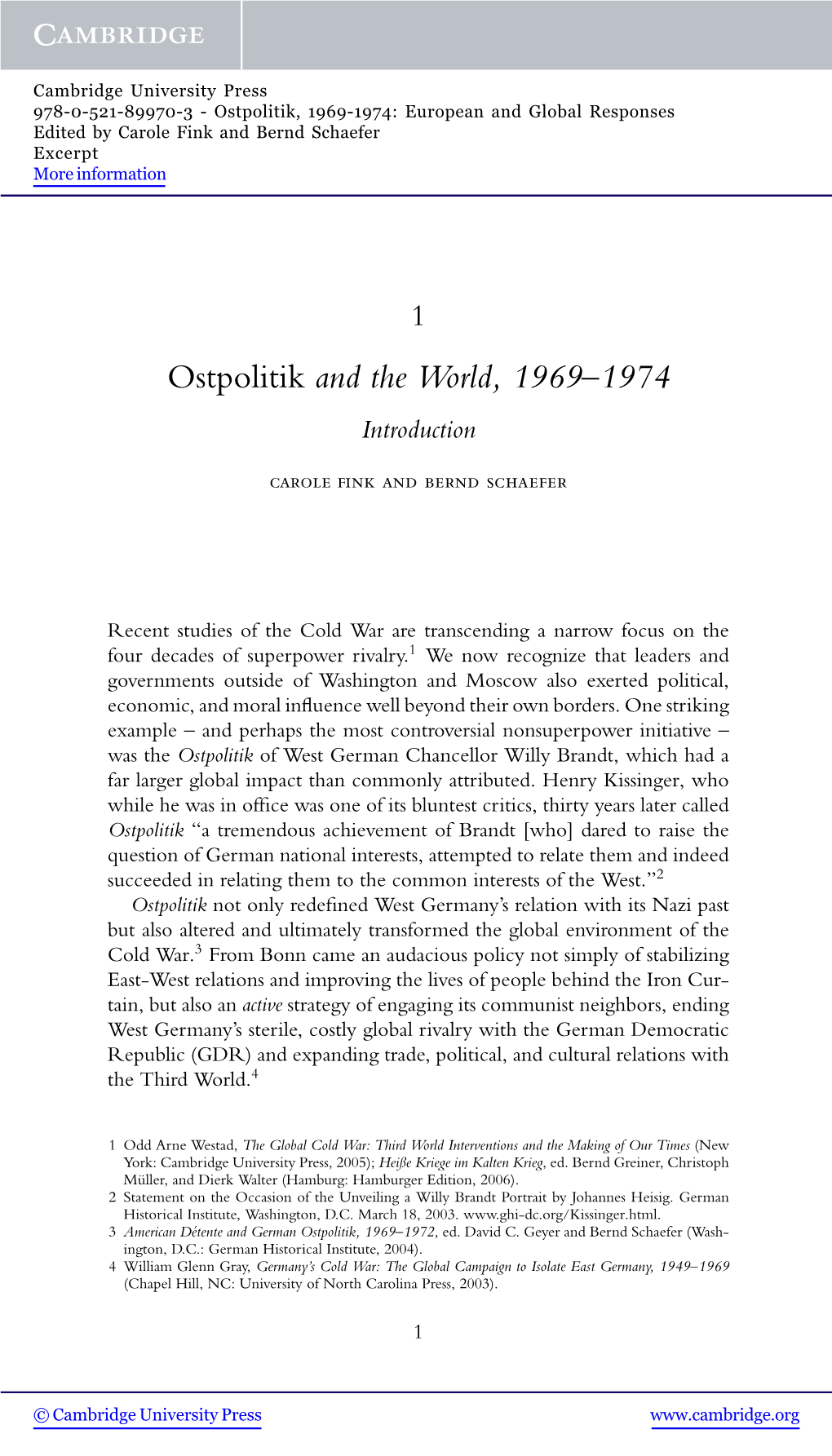 Ostpolitik, 1969-1974: European and Global Responses Edited by Carole Fink and Bernd Schaefer Excerpt More Information