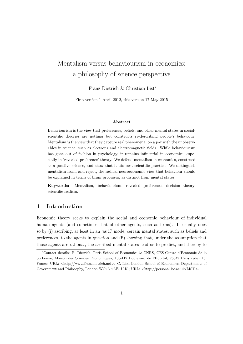 Mentalism Versus Behaviourism in Economics: Aphilosophy-Of-Scienceperspective