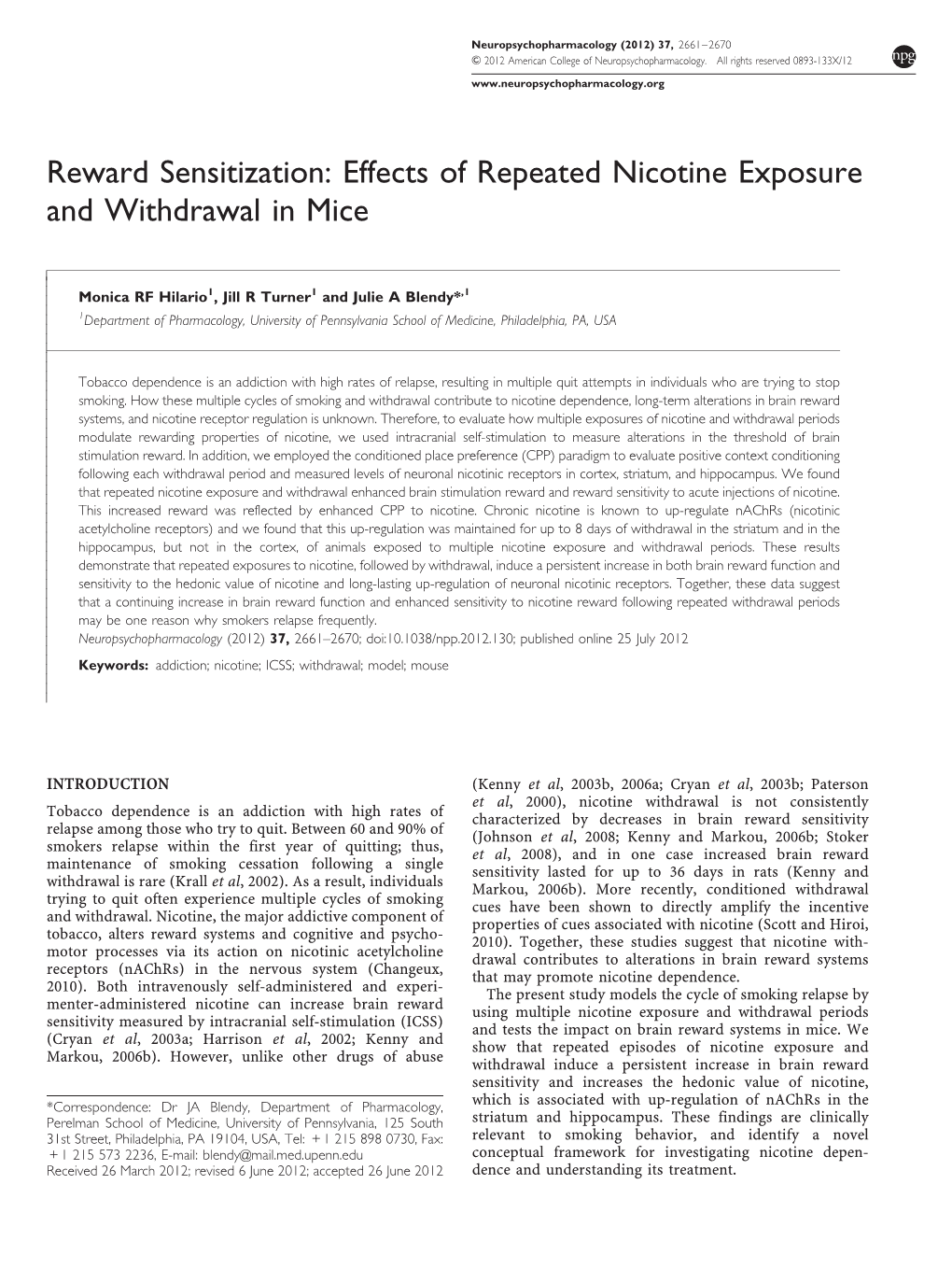 Effects of Repeated Nicotine Exposure and Withdrawal in Mice