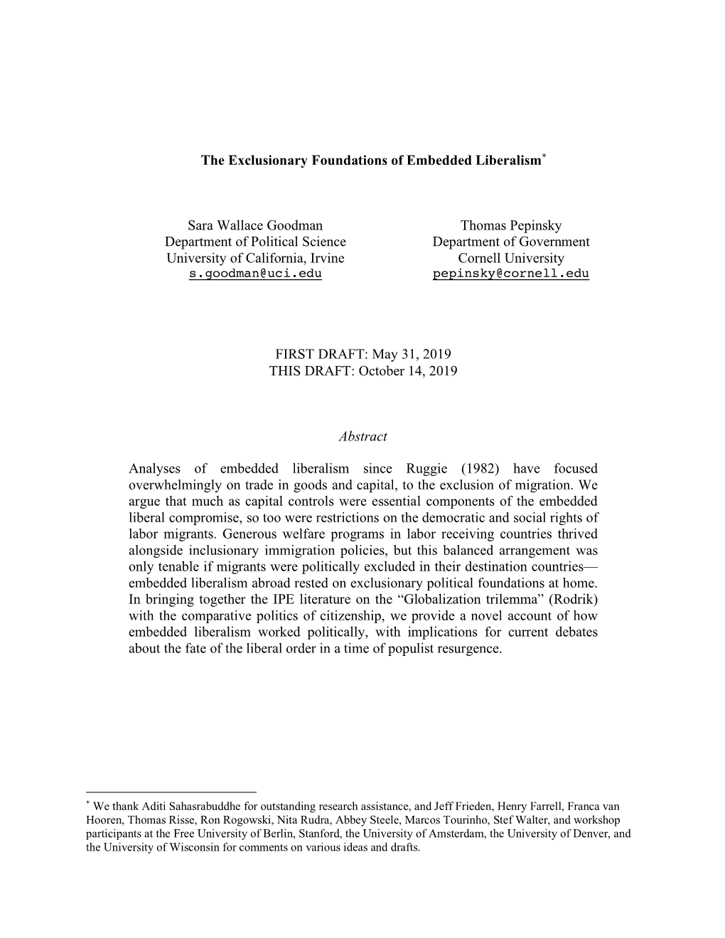 The Exclusionary Foundations of Embedded Liberalism* Sara