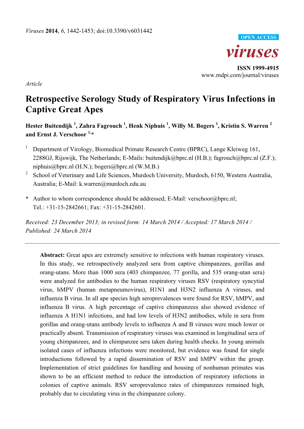Retrospective Serology Study of Respiratory Virus Infections in Captive Great Apes