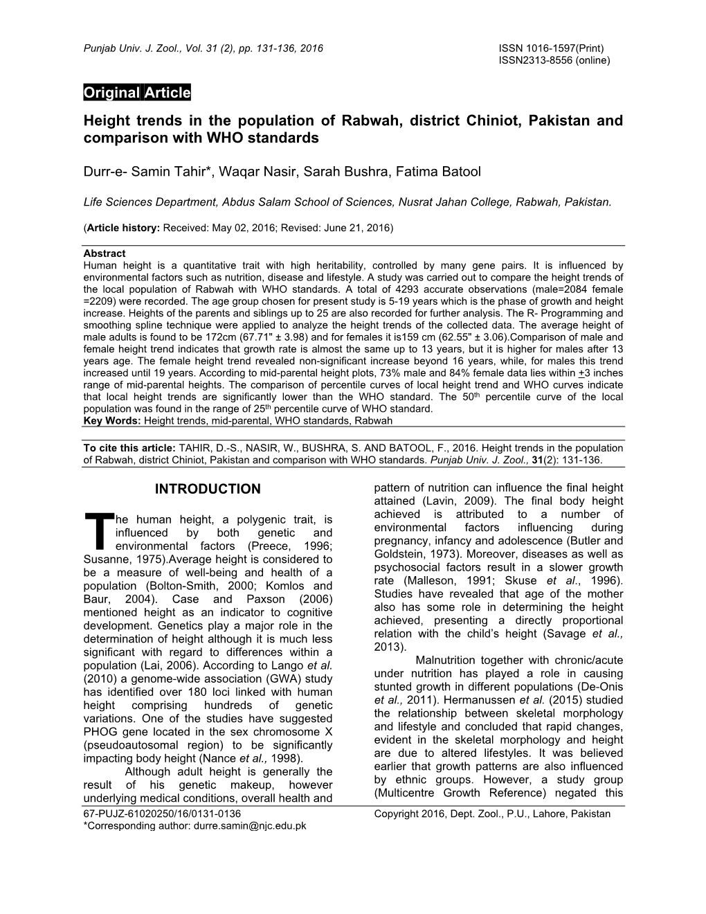 Height Trends in the Population of Rabwah, District Chiniot, Pakistan and Comparison with WHO Standards