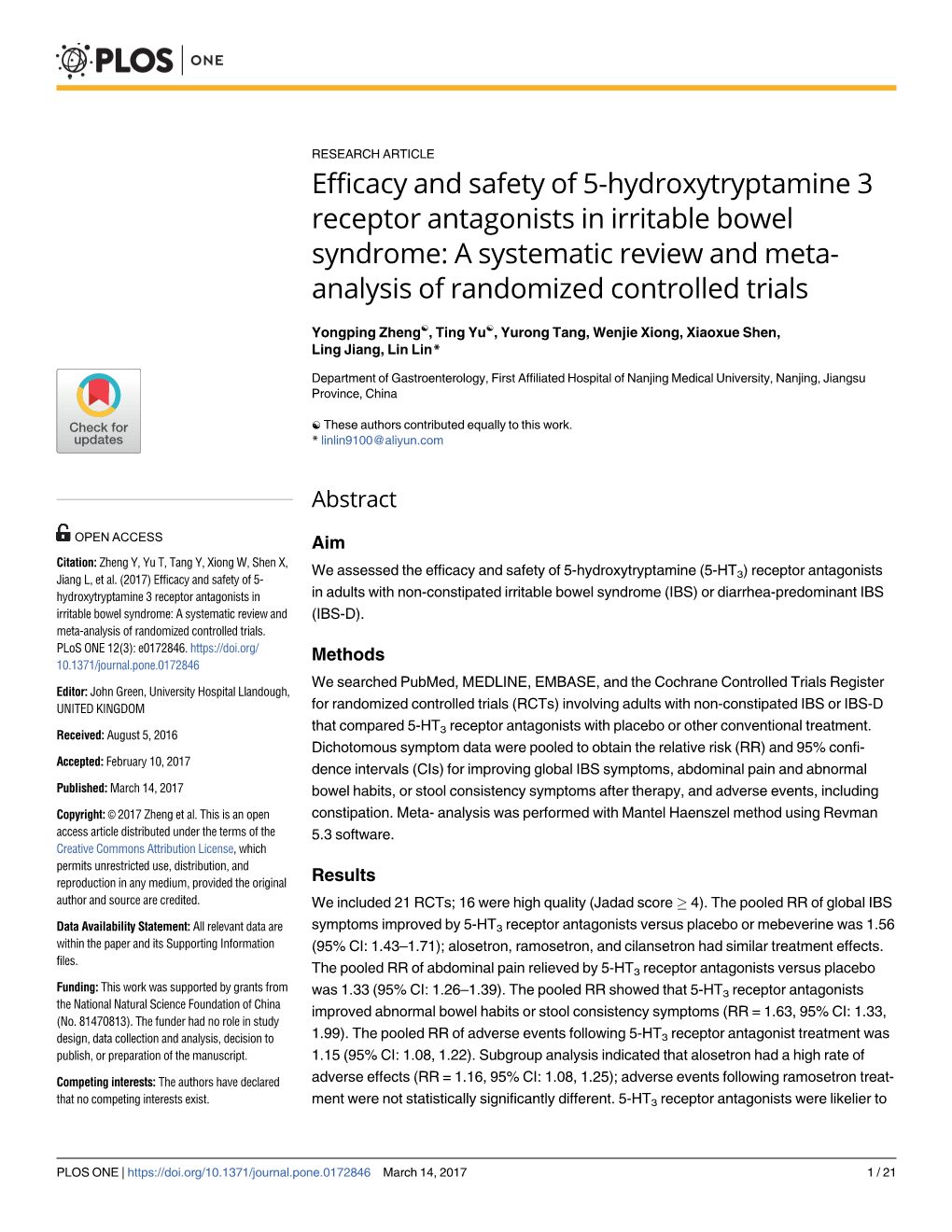 Efficacy and Safety of 5-Hydroxytryptamine 3 Receptor Antagonists in Irritable Bowel Syndrome: a Systematic Review and Meta- Analysis of Randomized Controlled Trials