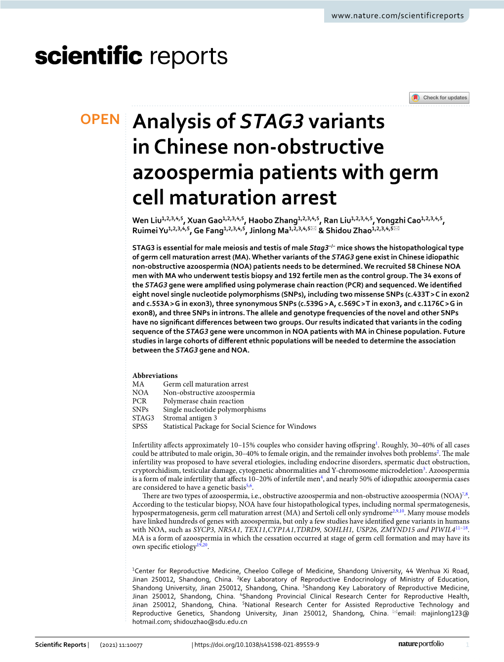 Analysis of STAG3 Variants in Chinese Non-Obstructive Azoospermia