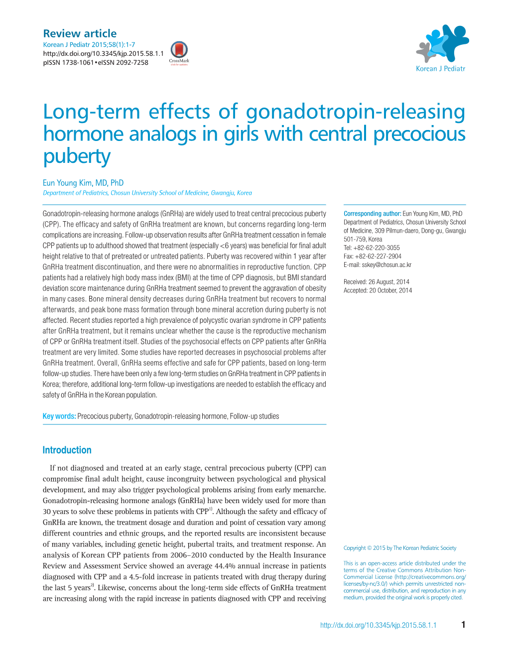 Long-Term Effects of Gonadotropin-Releasing Hormone Analogs in Girls with Central Precocious Puberty