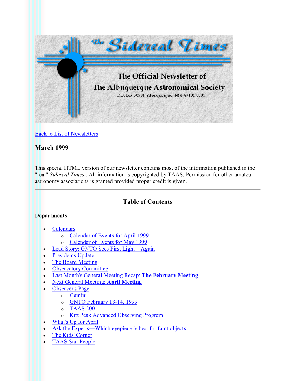 March 1999 the Albuquerque Astronomical Society News Letter
