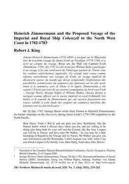 Heinrich Zimmermann and the Proposed Voyage of the Imperial and Royal Ship Cobenzell to the North West Coast in 1782-17831 Robert J