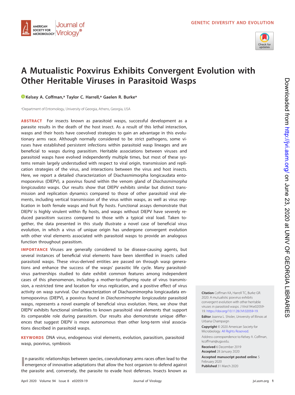 A Mutualistic Poxvirus Exhibits Convergent Evolution with Other Heritable Viruses in Parasitoid Wasps Downloaded From