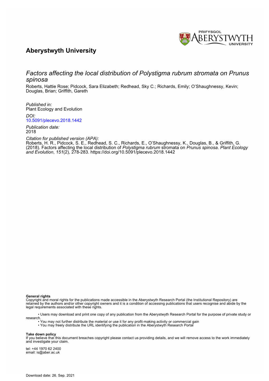 Factors Affecting the Local Distribution of Polystigma Rubrum Stromata On