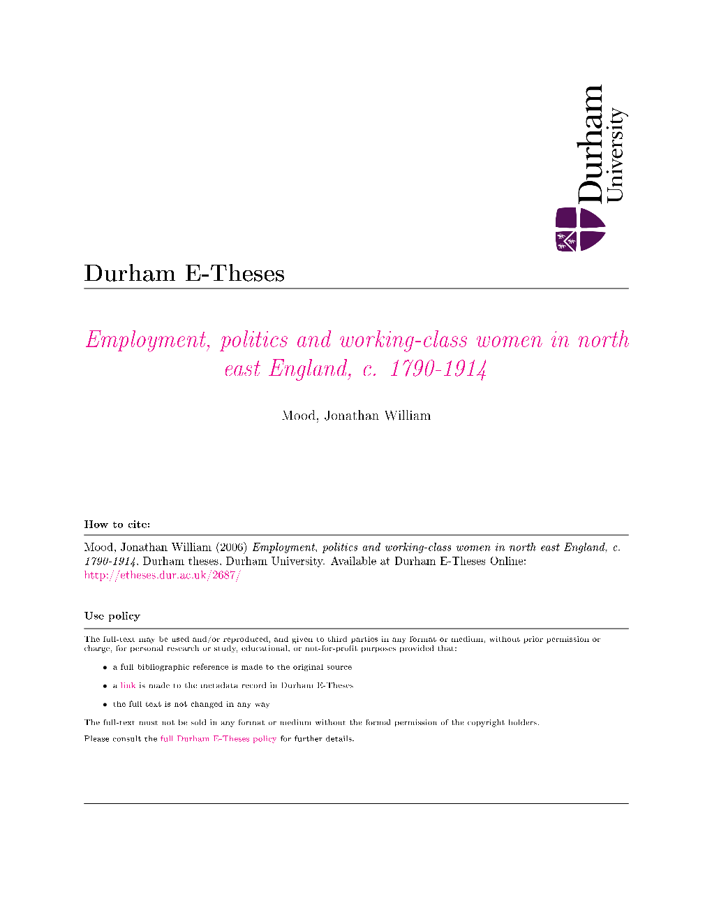 Employment, Politics and Working-Class Women in North East England, C