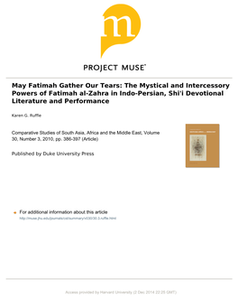 May Fatimah Gather Our Tears: the Mystical and Intercessory Powers of Fatimah Al-Zahra in Indo-Persian, Shi'i Devotional Literat
