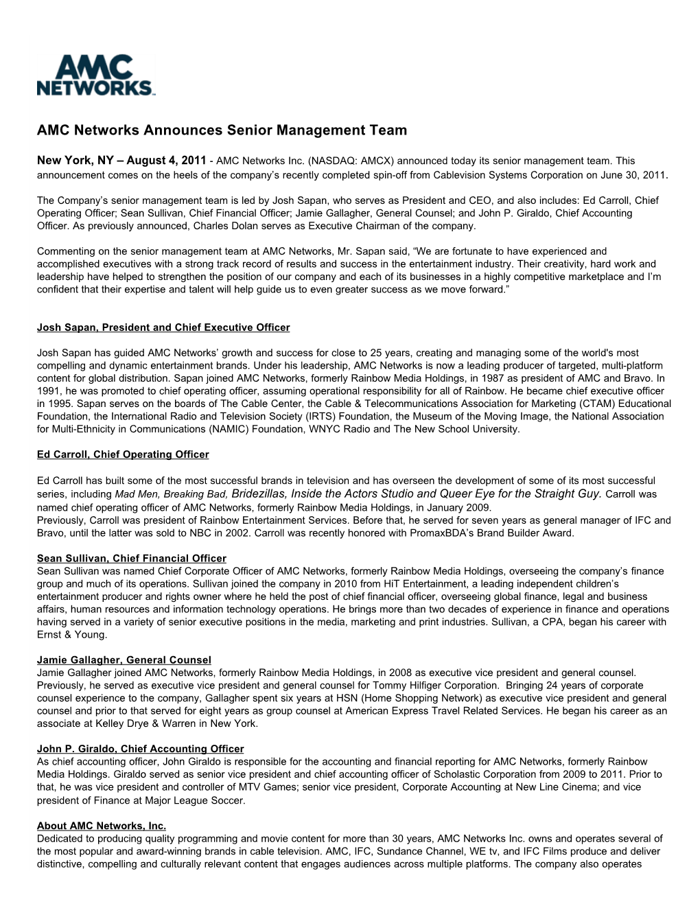 AMC Networks Announces Senior Management Team
